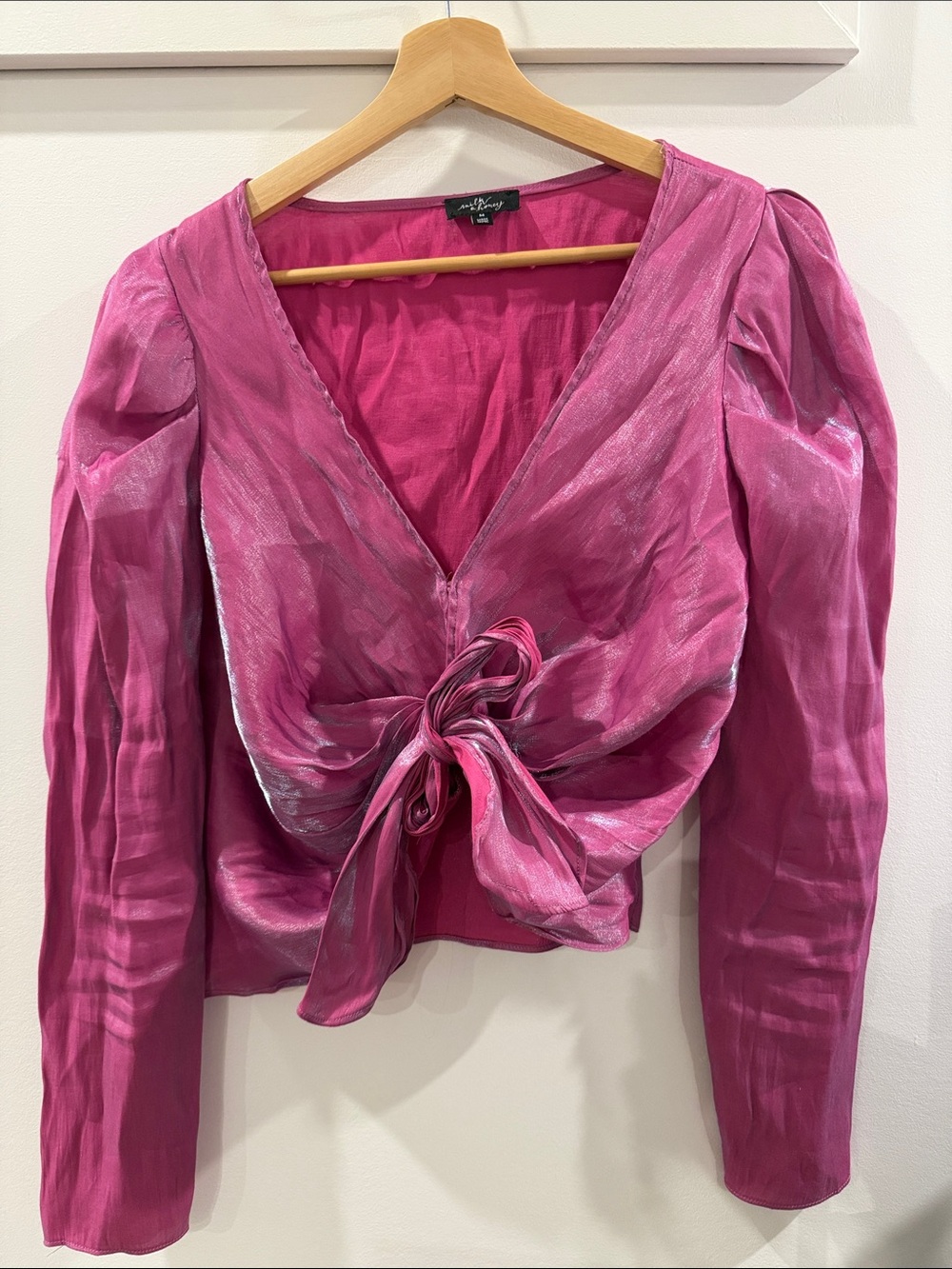 Milk & Honey Tie-Front Satin-Look Blouse in iridescent Magenta